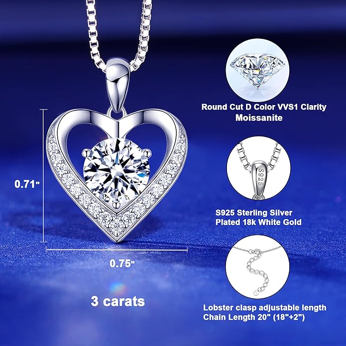 Moissanite Necklace for Women, Heart Pendant Engraved 'I Love You' Gifts for Wife, Valentine's Day Gift Anniversary Eternity Birthday Present Sterling Silver Jewelry for Her