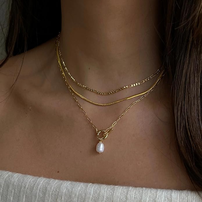 ASCOMY Layered Necklaces for Women Dainty Gold Necklace 14K Gold Plated Herringbone Necklace for Women Pearl Cross Necklace Paperclip Cuban Figaro Rope Satellite Chain Gold Choker Trendy Jewelry Gift