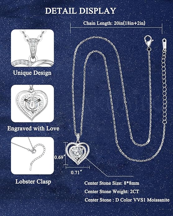 1-2 CT Moissanite Heart Pendant Necklaces for Wife,Moissanite Necklace Engraved with 'I LOVE YOU,18K Gold Plated S925 Silver Jewelry Anniversary Christmas Gifts for Girlfriend Wife Mom