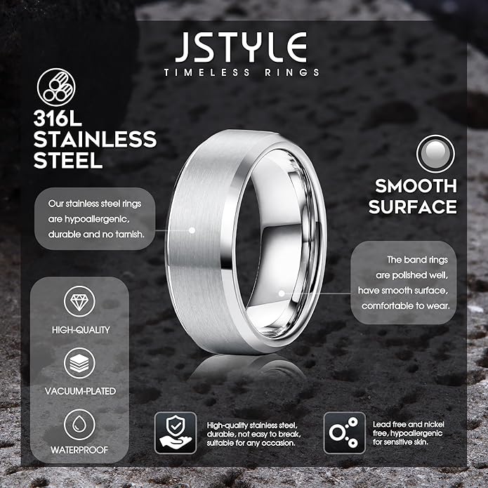 Jstyle Stainless Steel Rings for Men Women 8MM Wedding Band Rings Matte Surface - Beveled Polished Edge Mens Ring Size 6-14