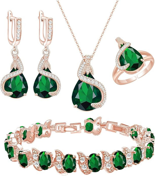 GZWHD Jewelry Set for Women Water Drop Cubic Zirconia Artificial Crystal Earrings Pendant Necklace Open Ring Tennis Bracelet Wedding Anniversary Birthday Engagement Gift for Bridesmaid Wife Girlfriend Friend