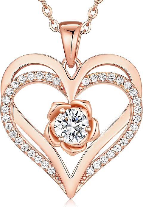 CDE S925 Silver Rose Gold Heart Birthstone Necklaces for Women，Ideal Anniversary or Birthday Jewelry Gifts for Wife Girlfriend Her