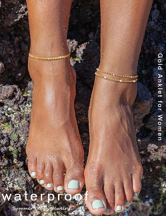 RLMOON Gold Anklets for Women CZ Ankle Bracelet 14K Gold Plated Waterproof Dainty Layered Tennis Heart Dot Chain Silver Clover Anklet Trendy Foot Jewelry