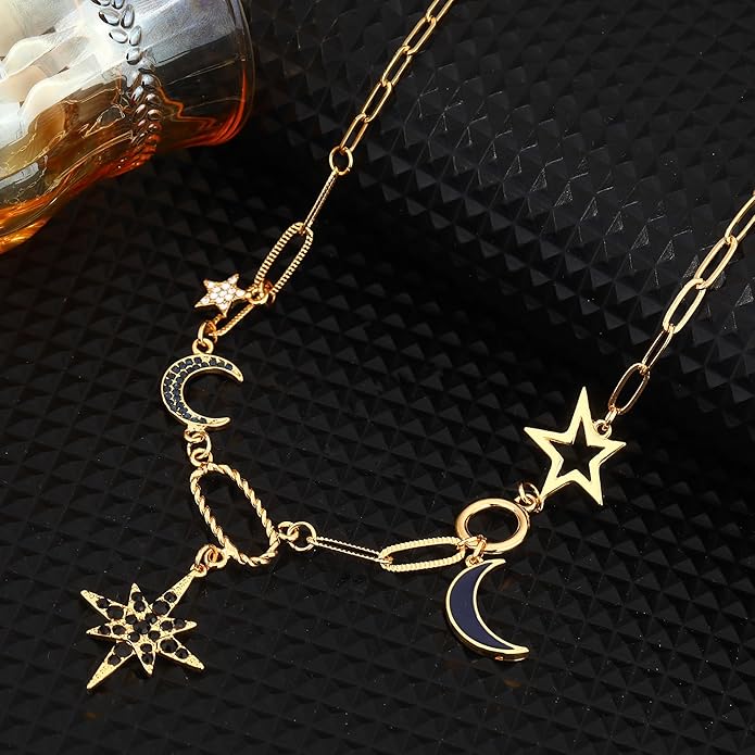 Charm Necklace for Women Gold Evil Eye Sun Moon Flower Coin Pendant Necklace Dainty Paperclip Chain Vintage Luck Amulet Choker Necklaces Celestial Jewelry Gift