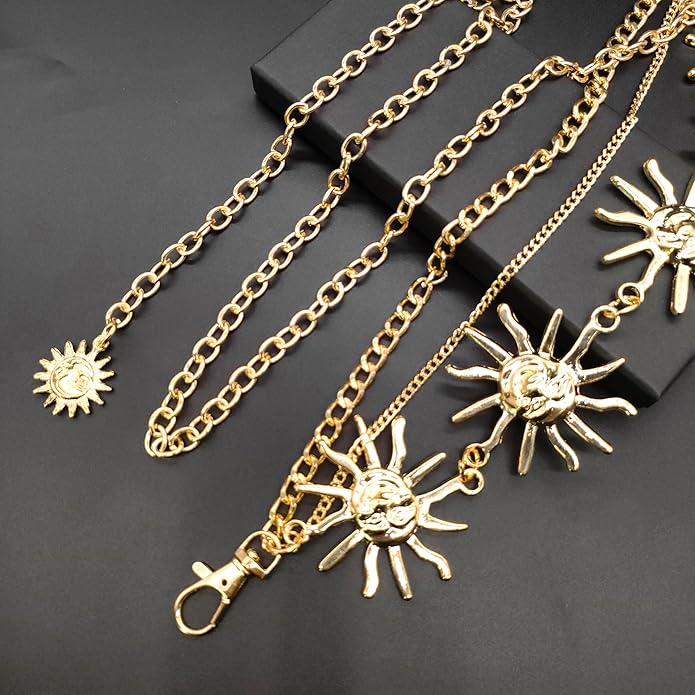Tornito Metal Waist Chain Gold Chain Belt Chunky Belly Link Chain Moon Double O Ring Sunflower Body Chain Jewelry for Women Dresses Adjustable