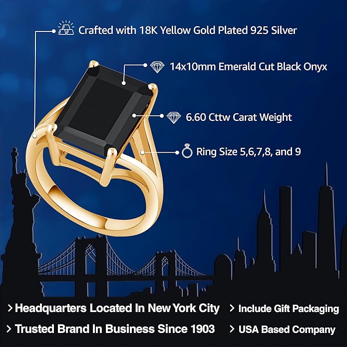 Gem Stone King 5-10 Cttw Gemstone Birthstone Solitaire Engagement Ring For Women | 18K Yellow Gold Plated Silver | 14X10MM Emerald Cut | Wedding Anniversary Ring | Available In Size 5, 6, 7, 8, 9