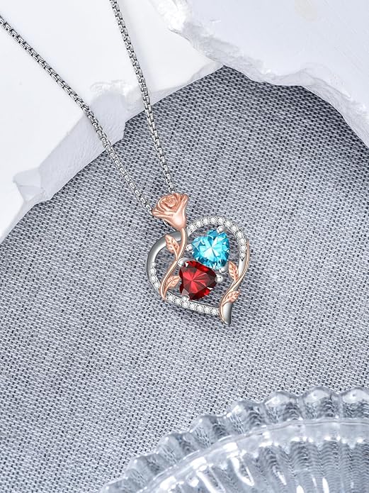 Jewelry for Her Double Heart Rose Birthstone Pendant Necklace Anniversary Jewelry Christmas Birthday Gifts for Women Wife Girlfriend