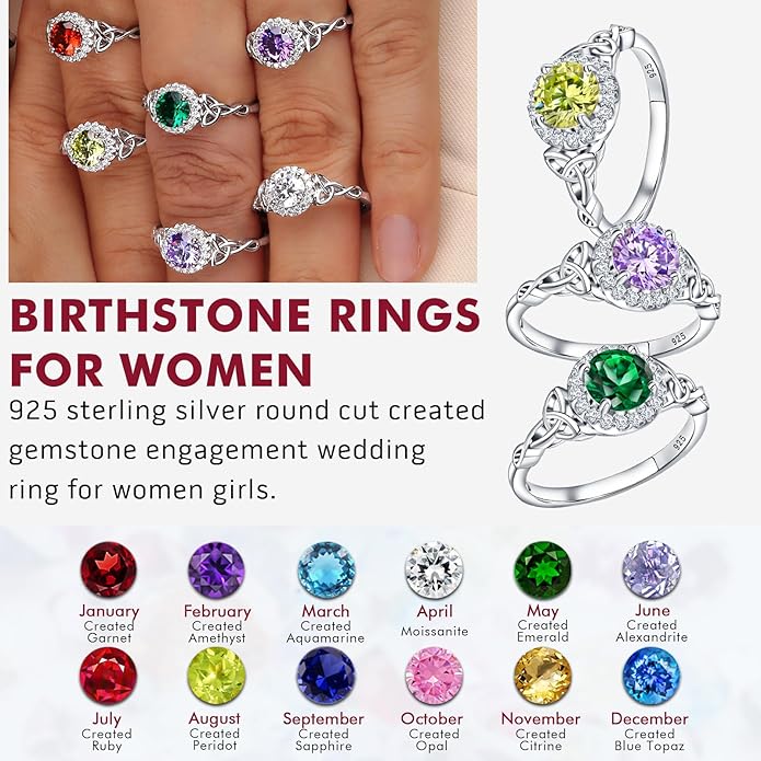 DAYBYDAY Celtic Birthstone Rings for Women 925 Sterling Silver Heart/Round/Pear/Oval Created Gemstone Moissanite Halo Engagement Promise Rings for Her Wife Birthday Anniversary Wedding Jewelry