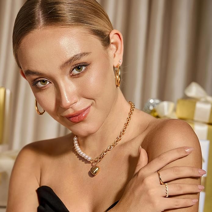 18k Gold Chain Link Necklace for Women, Baroque Pearl/Compass Pendant Necklace