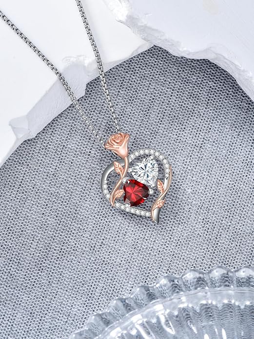 Jewelry for Her Double Heart Rose Birthstone Pendant Necklace Anniversary Jewelry Christmas Birthday Gifts for Women Wife Girlfriend