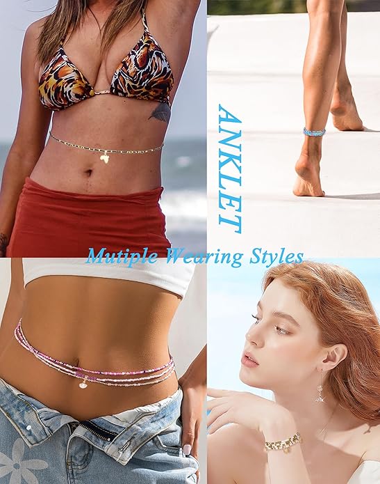 Tornito 8Pcs 31.5 Inches African Waist Bead Chain Elastic Belly Beads Butterfly Shell Layered Body Chain Colorful Jewelry Accessories for Women