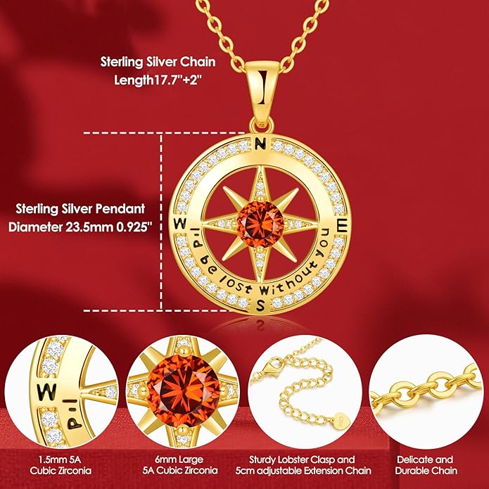 Compass Necklace Gifts for Women wife - S925 Sterling Silver Birthstone Necklaces for Women - Anniversary Birthday Gifts for Her Wife Girlfriend - Valentines Mom Mothers Day Christmas Gifts Jewelry for Women