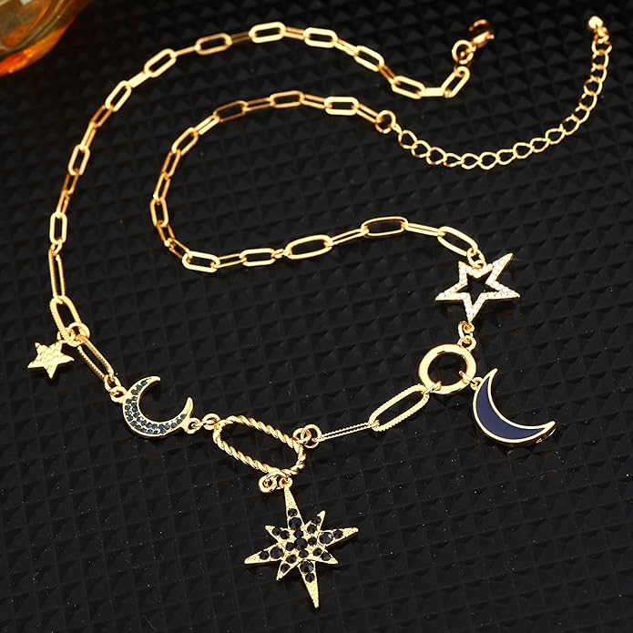 Charm Necklace for Women Gold Evil Eye Sun Moon Flower Coin Pendant Necklace Dainty Paperclip Chain Vintage Luck Amulet Choker Necklaces Celestial Jewelry Gift