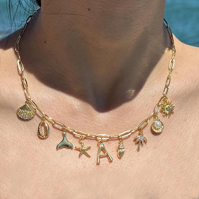 Initial Charm Necklace For Women Shell Letter Necklaces Gold Charms Pendant Boho Summer Seashell Beach 14k Starfish Surfer Jewelry Gifts