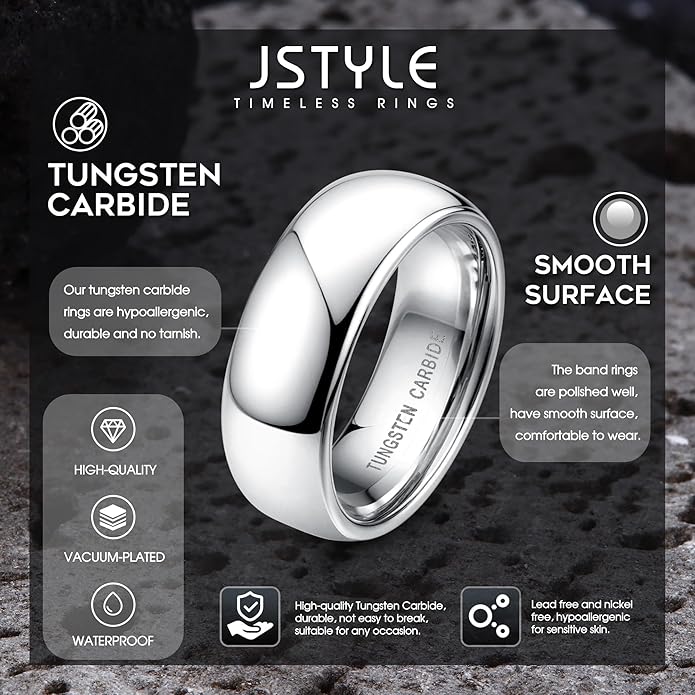 Jstyle 2mm 4mm 6mm 8mm Tungsten Rings for Men Women Hypoallergenic Wedding Band Rings Gold/Silver Domed High Polish Comfort Fit Size 6-12 Not Tarnished