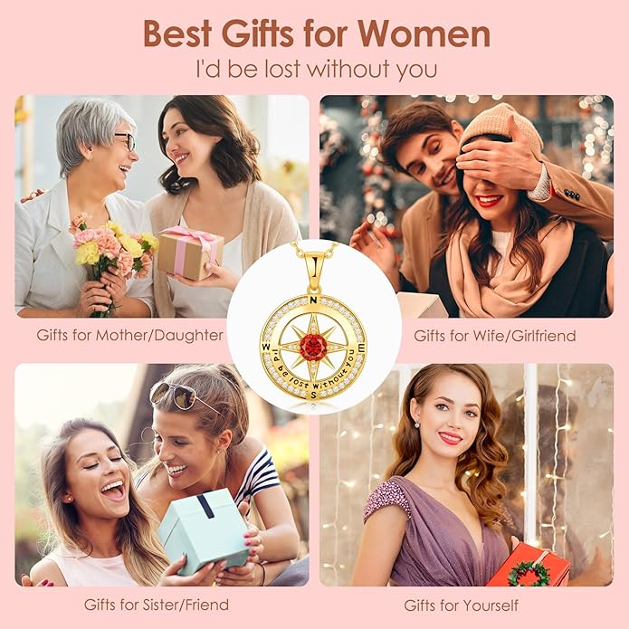 Compass Necklace Gifts for Women wife - S925 Sterling Silver Birthstone Necklaces for Women - Anniversary Birthday Gifts for Her Wife Girlfriend - Valentines Mom Mothers Day Christmas Gifts Jewelry for Women