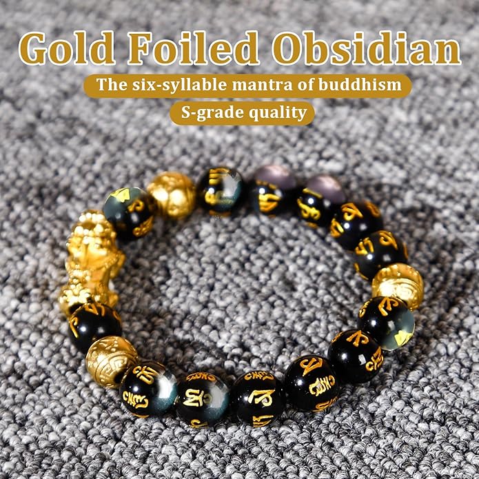 Feng Shui Bracelet 24K Gold Plated PiXiu Bracelet, Obsidian Dragon Protection Meditation Decompression Prayer Beads Lucky Wealth Bracelets for Men Women