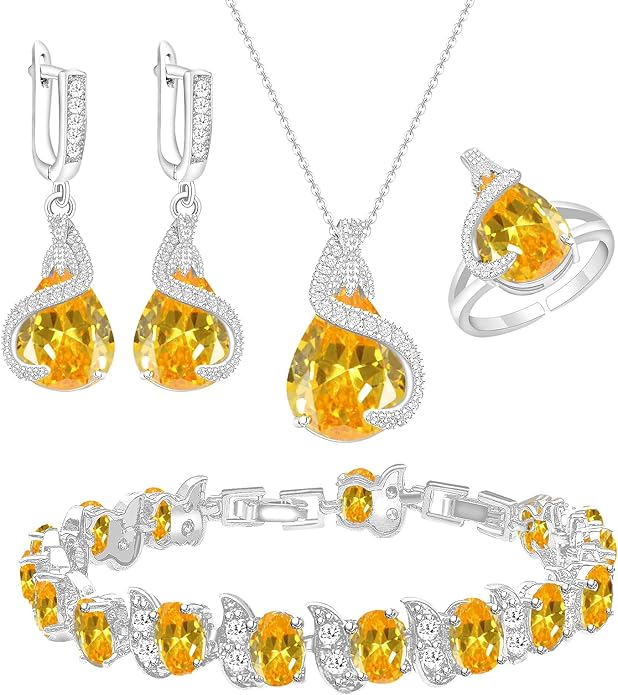 GZWHD Jewelry Set for Women Water Drop Cubic Zirconia Artificial Crystal Earrings Pendant Necklace Open Ring Tennis Bracelet Wedding Anniversary Birthday Engagement Gift for Bridesmaid Wife Girlfriend Friend