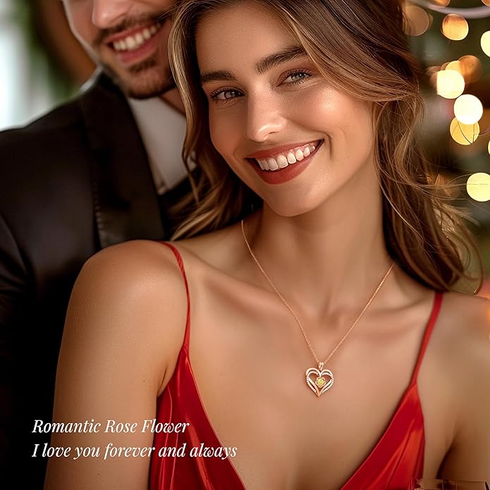 CDE S925 Silver Rose Gold Heart Birthstone Necklaces for Women，Ideal Anniversary or Birthday Jewelry Gifts for Wife Girlfriend Her