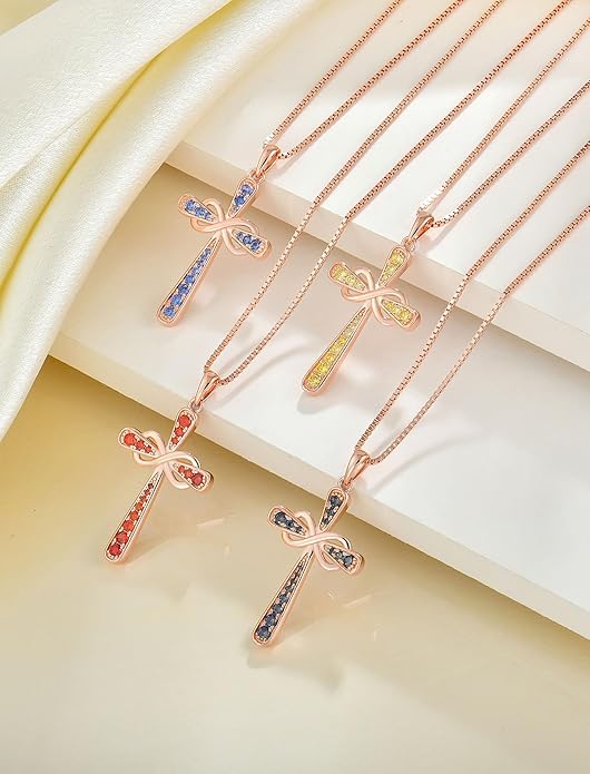 YL 925 Sterling Silver Cross Necklace for Women Halo Infinity Pendant Birthstone Jewelry for Mom