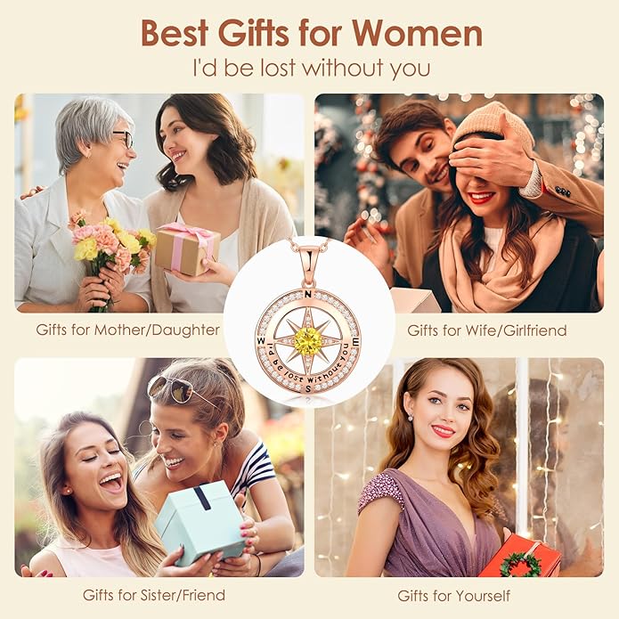Compass Necklace Gifts for Women wife - S925 Sterling Silver Birthstone Necklaces for Women - Anniversary Birthday Gifts for Her Wife Girlfriend - Valentines Mom Mothers Day Christmas Gifts Jewelry for Women