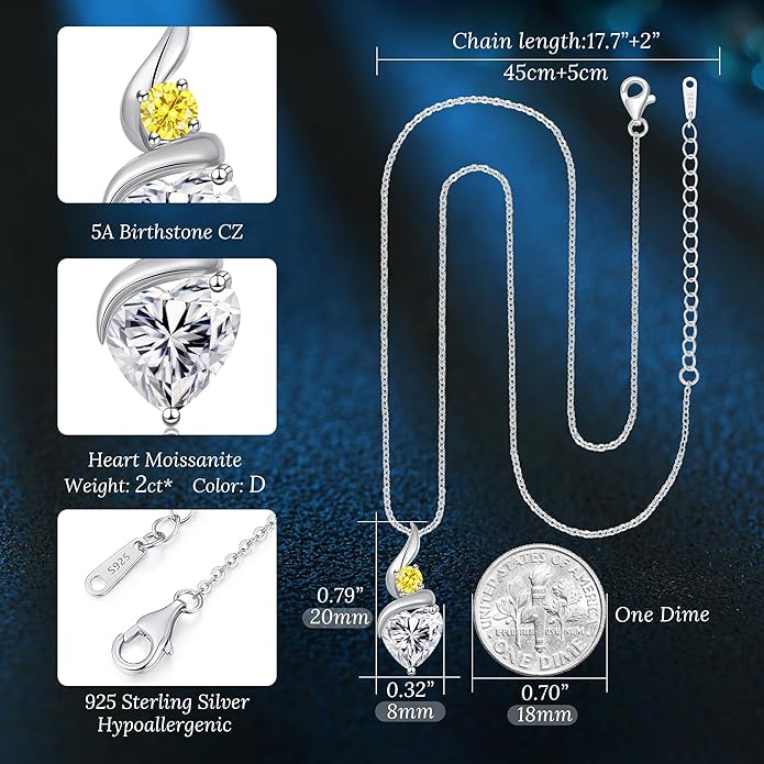 Moissanite Heart Pendant Necklaces for Women，925 Sterling Silver Gold Plating Necklace with Birthstone，Ideal Anniversary Present or Birthday Christmas Valentine Engagements Mothers Day Jewelry Gifts for Mom Wife Her Girlfriend
