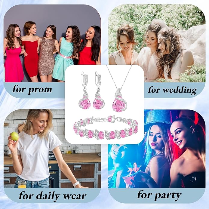 GZWHD Jewelry Set for Women Water Drop Cubic Zirconia Artificial Crystal Earrings Pendant Necklace Open Ring Tennis Bracelet Wedding Anniversary Birthday Engagement Gift for Bridesmaid Wife Girlfriend Friend