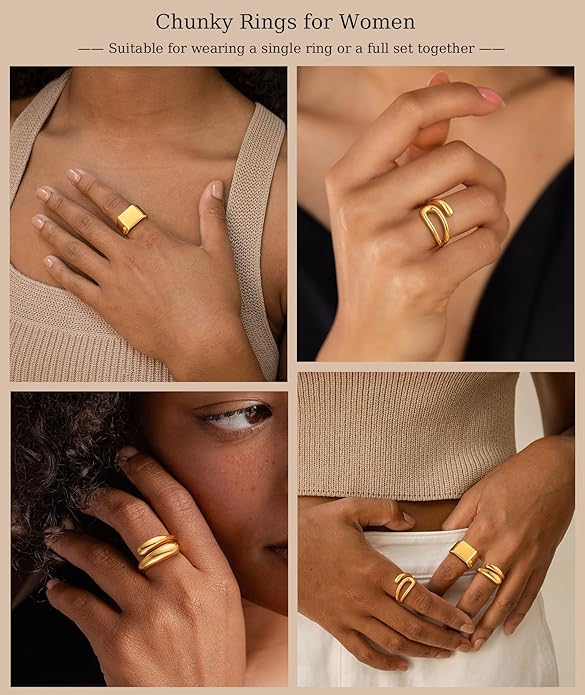 ZOERAY Chunky Gold Rings for Women Non Tarnish Trendy 14k Gold Plated Adjustable Signet Band Stackable Thumb Ring Set Open Twist Dome Statement Stacking Rings Jewelry Gifts for Women Size 5-10