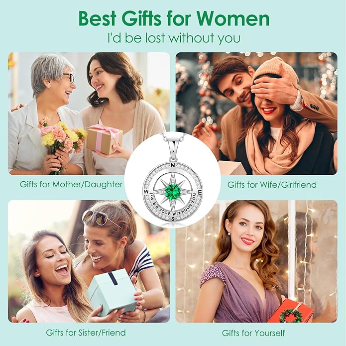 Compass Necklace Gifts for Women wife - S925 Sterling Silver Birthstone Necklaces for Women - Anniversary Birthday Gifts for Her Wife Girlfriend - Valentines Mom Mothers Day Christmas Gifts Jewelry for Women