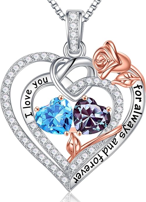 Iefil Rose Heart Necklace Gifts for Wife Women - 925 Sterling Silver Double Birthstone Necklace, Anniversary Birthday Gifts for Women, Jewelry Gift for Wife Girlfriend Mom Her
