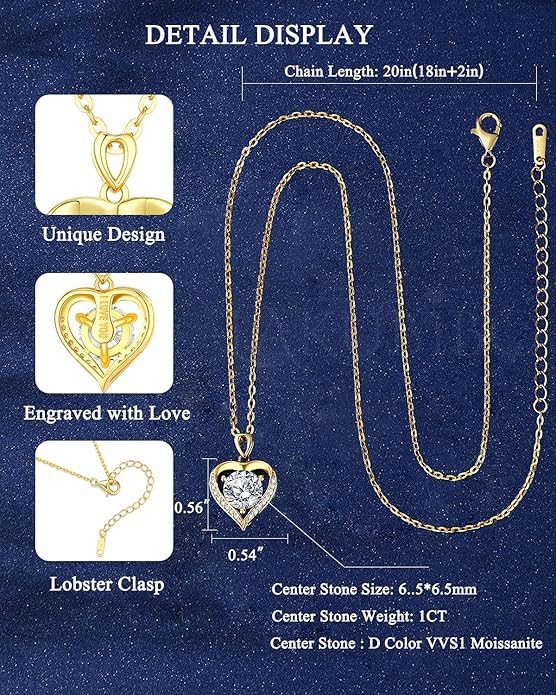 Moissanite Heart Pendant Necklace for Women,1-2 Carat Necklace Engraved with 'I LOVE YOU,18K Gold Plated Sterling Silver Pendant Jewelry Anniversary Birthday Gifts for Girlfriend Wife Mom