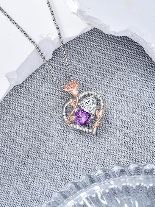 Jewelry for Her Double Heart Rose Birthstone Pendant Necklace Anniversary Jewelry Christmas Birthday Gifts for Women Wife Girlfriend