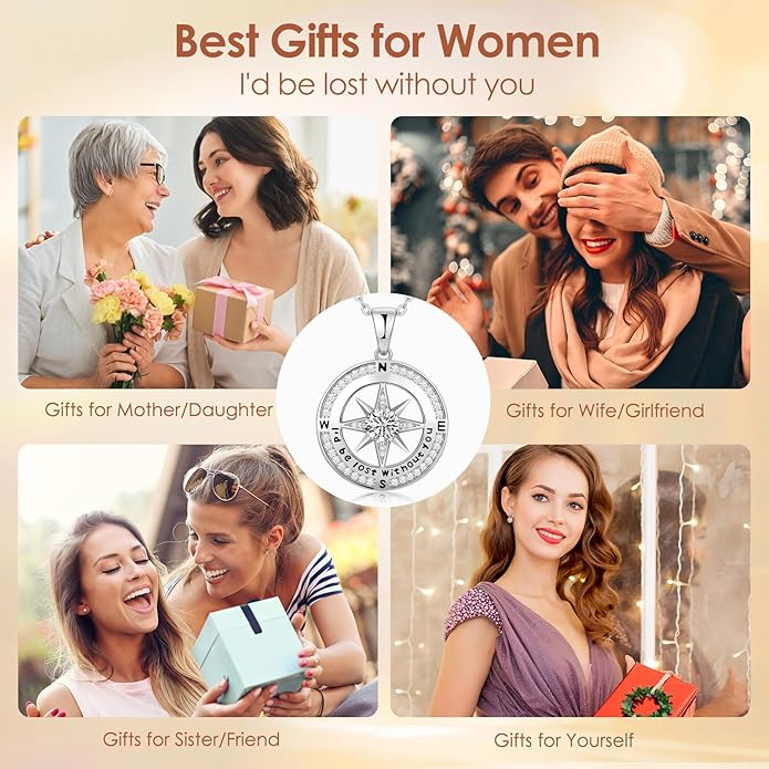 Compass Necklace Gifts for Women wife - S925 Sterling Silver Birthstone Necklaces for Women - Anniversary Birthday Gifts for Her Wife Girlfriend - Valentines Mom Mothers Day Christmas Gifts Jewelry for Women