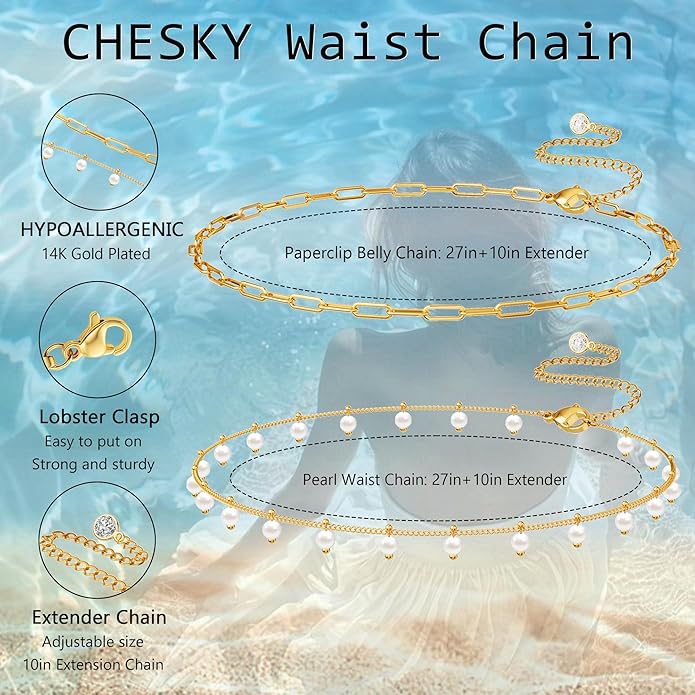CHESKY Gold Waist Chain for Women, 14K Gold Plated Silver Layered Belly Belt Chains Sexy Bikini Beach Waist Beads Chain Waterproof Snake Pearl Cuban Body Chain Summer Jewelry Accessories for Women