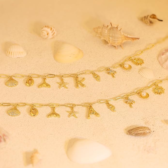 Initial Charm Necklace For Women Shell Letter Necklaces Gold Charms Pendant Boho Summer Seashell Beach 14k Starfish Surfer Jewelry Gifts