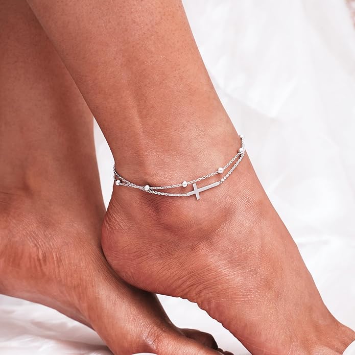 CHIC & ARTSY Womens Sterling Silver Created Opal Layered Anklet Bracelet Dainty Beaded Chain Adjustable 11" Best Friend Anklet