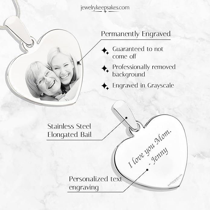 Personalized Picture Engraved Heart Pendant with 20" Chain