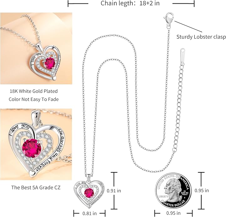 Heart Necklace, I Love You Always & Forever, Birthstone Cubic Zirconia Pendant, Gift for Women