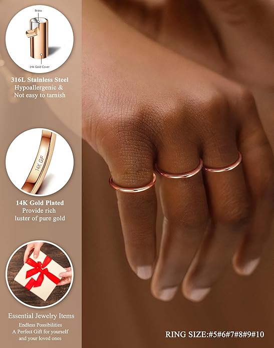 LOYALLOOK 1.5mm 14K Gold Filled Stacking Rings for Women - Stainless Steel Plain Thin Knuckle Thumb Statement Midi Band Rings - Comfort Fit Silver/Gold/Rose Tone, 3PCS