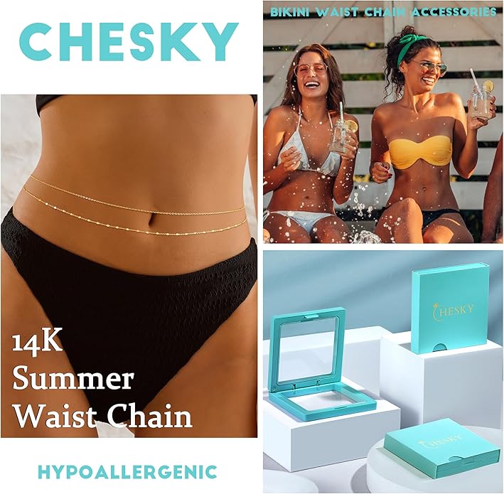 CHESKY Gold Waist Chain for Women, 14K Gold Plated Silver Layered Belly Belt Chains Sexy Bikini Beach Waist Beads Chain Waterproof Snake Pearl Cuban Body Chain Summer Jewelry Accessories for Women