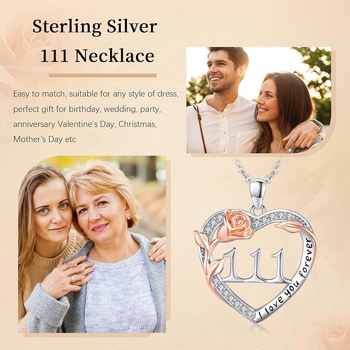Number Necklace for Women 925 Sterling Silver Rose Angel Numbers Necklace Jewelry Birthday Gift for Grandma Mother