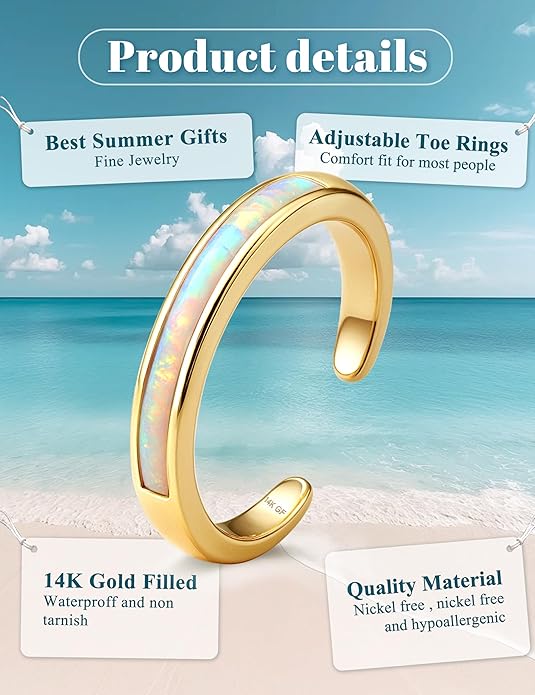 FIASASO 14K Gold Filled Toe Rings for Women Non Tarnish 14K Gold Filled Toe Ring Adjustable Band Opal Dainty Toe Ring Summer Beach Open Toe Rings Foot Jewelry