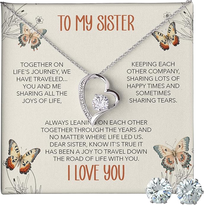 (USA-Assembled) To Sister Gift - Heart Necklace and Earring Set for Women Her Jewelry - Birthday Christmas Graduation College Female Black Box (id187)