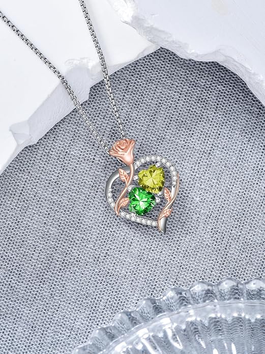 Jewelry for Her Double Heart Rose Birthstone Pendant Necklace Anniversary Jewelry Christmas Birthday Gifts for Women Wife Girlfriend