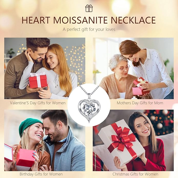 MOOSEA Moissanite Heart Pendant Necklaces for Women, 1-3ct D Color VVS1 925 Sterling Silver Anniversary Birthday Gifts for Women Wife Girlfriend Jewelry Moissanite Necklace