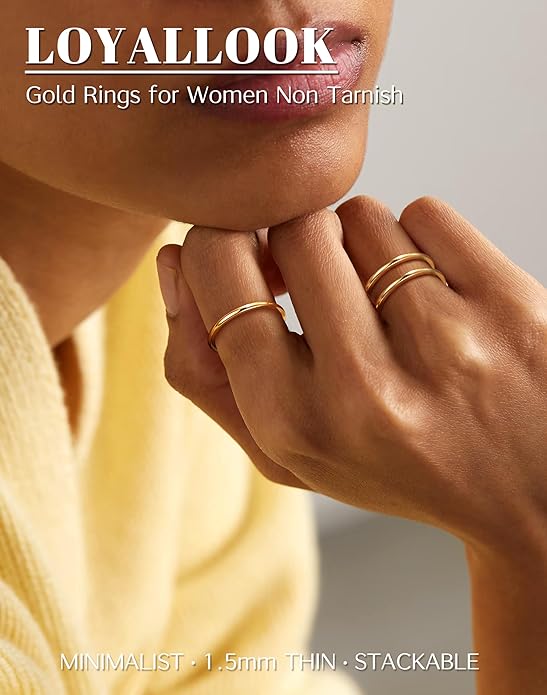 LOYALLOOK 1.5mm 14K Gold Filled Stacking Rings for Women - Stainless Steel Plain Thin Knuckle Thumb Statement Midi Band Rings - Comfort Fit Silver/Gold/Rose Tone, 3PCS