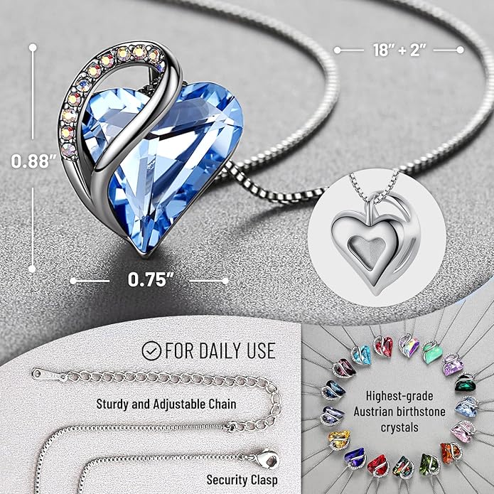 Necklaces for Women, Infinity Love Birthstone Heart Crystal Pendant, Birthday Jewelry Gifts for Her, Mom, and Wife, Silver Plated, 18 plus 2 inch Adjustable Chain
