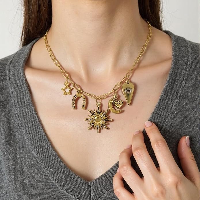 Chunky Retro Heart Necklace for Women Antique Layer Beach Ocean Moon Stars Western Boho Charm Necklaces Retro Link Chain Jewelry