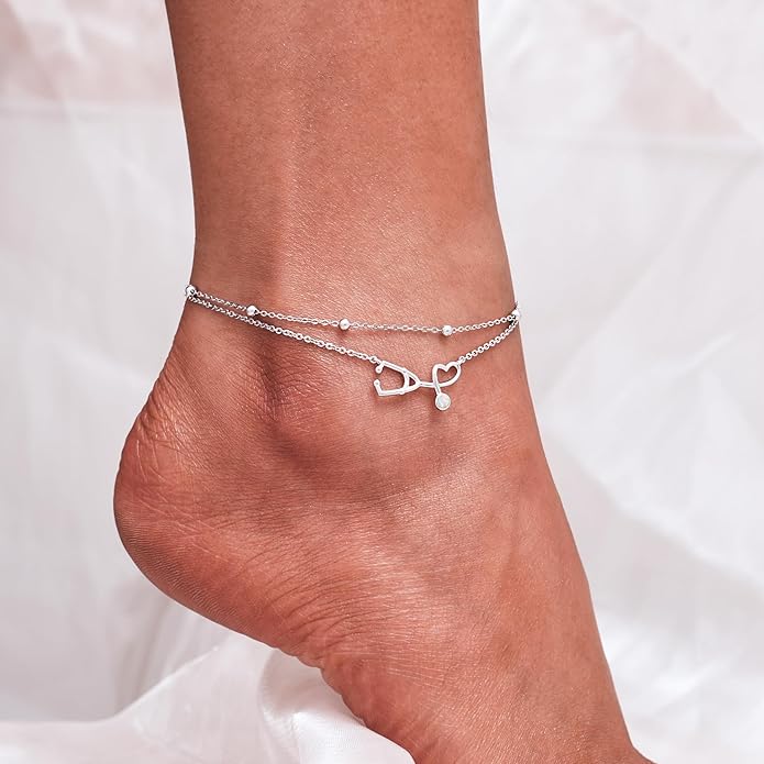 CHIC & ARTSY Womens Sterling Silver Created Opal Layered Anklet Bracelet Dainty Beaded Chain Adjustable 11" Best Friend Anklet