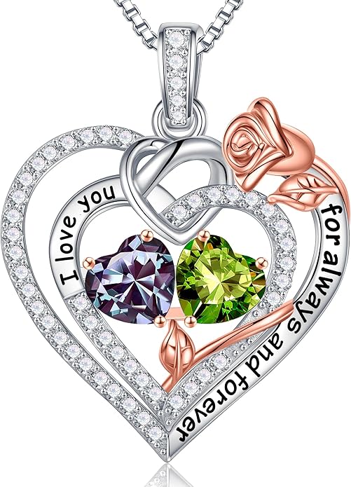Iefil Rose Heart Necklace Gifts for Wife Women - 925 Sterling Silver Double Birthstone Necklace, Anniversary Birthday Gifts for Women, Jewelry Gift for Wife Girlfriend Mom Her